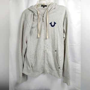 True religion hoodie zip up mens Extra Large gray with logos front and back
